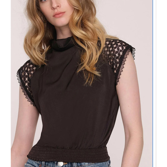 Heartloom Tops - Heartloom Beatriz Top, Lace Short Sleeve, Elastic waist Satin Blouse | S, Black